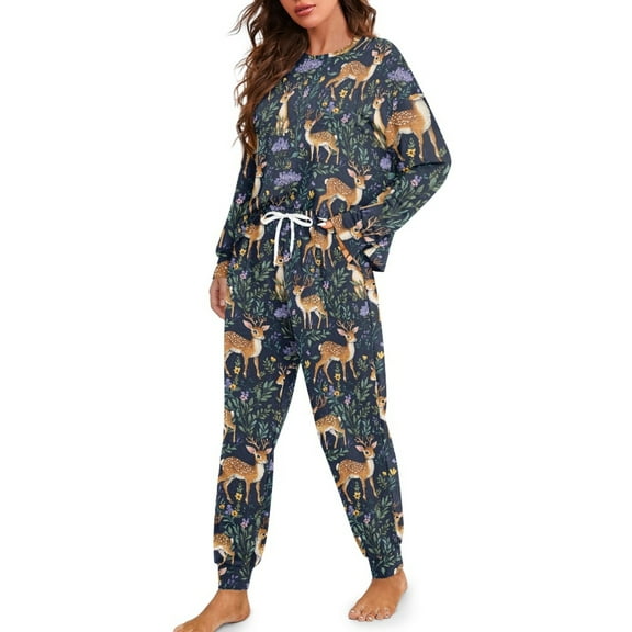 Tutolipy Deer Floral Printed Womens Pajama Sets Crewneck Sleepwear Soft Pjs Set Long Sleeve Tops Jogger Pants Pajama Sets, S