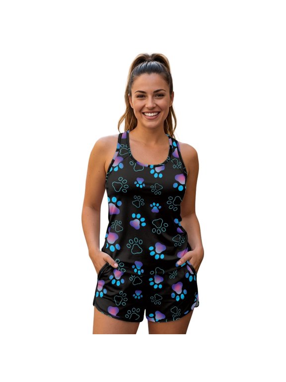 Dog Paw Print Women Tankini Swimsuits, Removable Chest Pads Heavy Duty Sewing Two Piece Tankini Swimsuits for Swimming Resort, Size 6X-Large