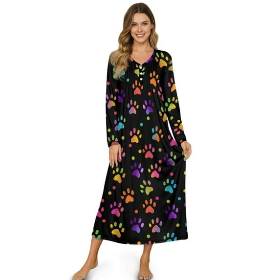Tutolipy Dog Paw Printed Long Nightgowns for Women V Neck Sleepwear Long Sleeve Loungewear Comfy Sleep Dress for Fall Winter, 4XL