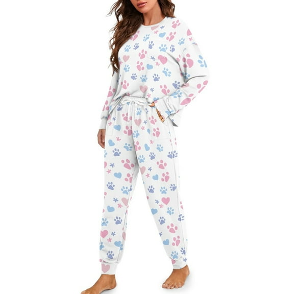 Tutolipy Dog Paw Printed Pajama Set for Women Heart Printed Sleepwear Comfy Loungewear Long Sleeve Shirt and Pajama Pants Lounge Sets, L