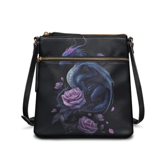 Tutolipy Dragon and Rose Design Women's Crossbody Bag, Waterproof Casual Shoulder Bag PU Leather Stylish Sling Bag for Travel Dating