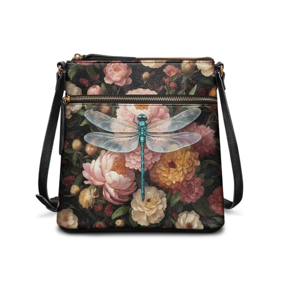 Tutolipy Dragonfly Floral Pattern Ladies’ Leather Crossbody Shoulder Purse, Adjustable Strap Purse Satchel Durable Waterproof Design Shoulder Bag for Daily Outing