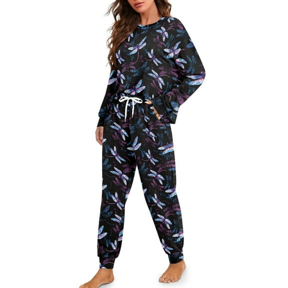 Tutolipy Dragonfly Printed Womens Pajama Sets Cozy Sleepwear Crewneck Pjs Set Long Sleeve Nightwear with Jogger Pants Lounge Set, L