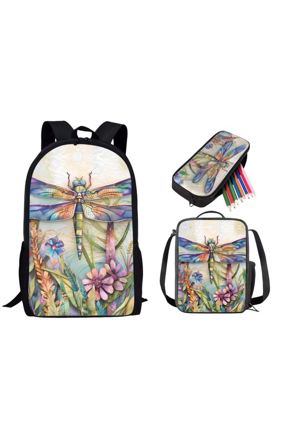 Dragonfly School Backpack Set with Floral Printed, Large Capacity Backpack Daypack with Insualated Lunch Box Pencil Box for Boys Girls, 3 PCS Lightweight Backpack and Lunch Bag Set