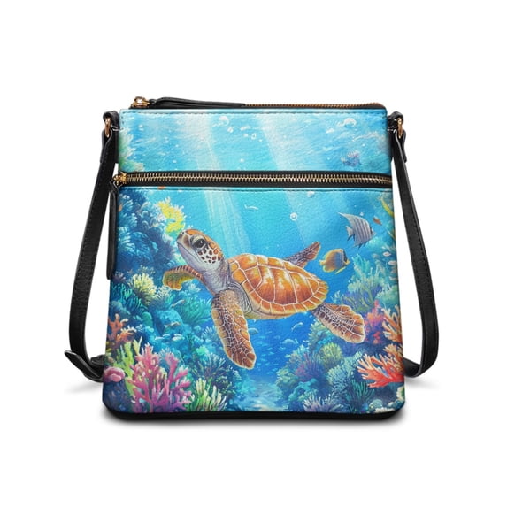Tutolipy Durable Crossbody Bag for Travel Outdoor Activities, PU Leather Lightweight Sling Bag, Turtle and Coral Pattern