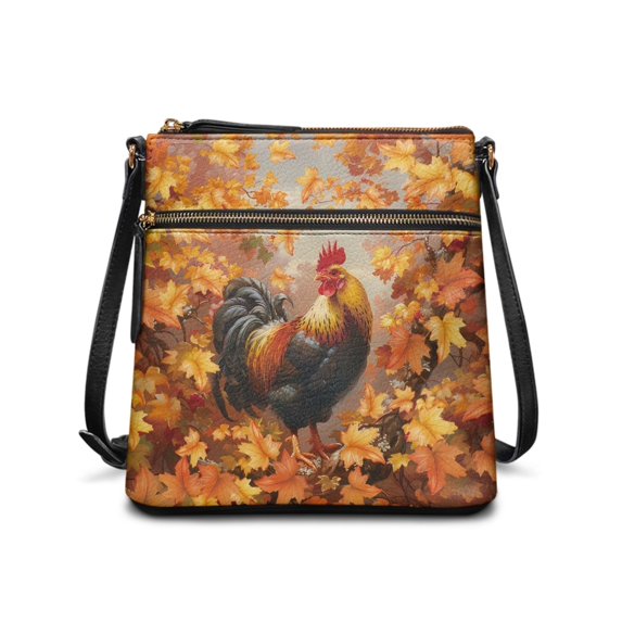 Tutolipy Durable Zipper Closure Ladies Crossbody Purse for Daily Daily Storage, PU Leather Waterproof Shoulder Bag, Rooster Autumn Leaves