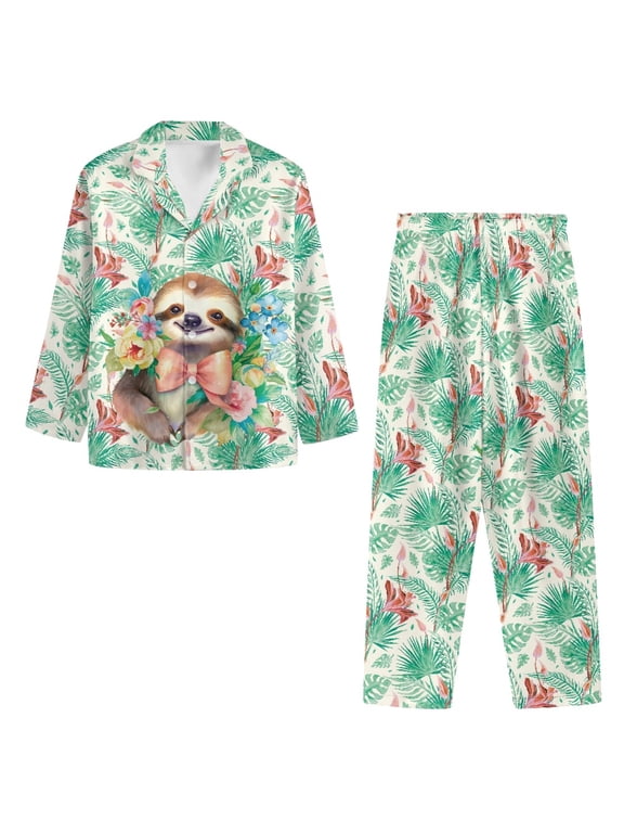 Elastic Fabric Lounge for Vacation Yoga, Notched Lapel Button Front Womens Pjs Sets, Sloth with Bow, Size M