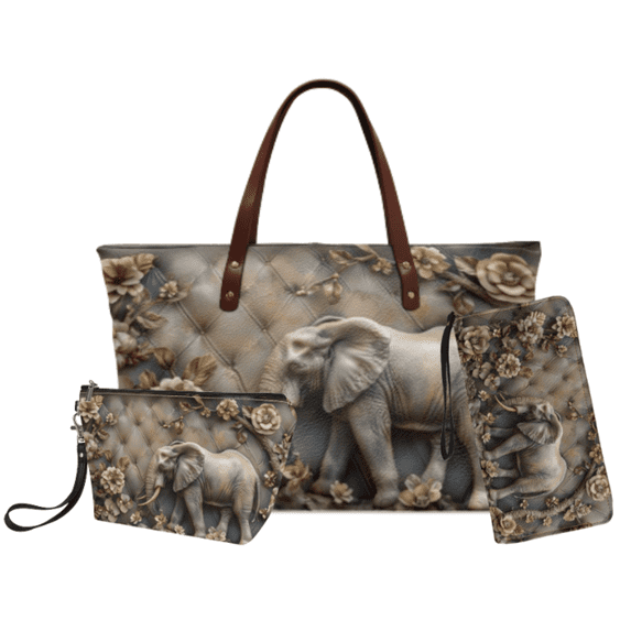 Tutolipy Elephant Floral Relief Design 3 Pcs Handbag Set for Ladies, Waterproof Daily Purse with Large Capacity Tote Handbag for Daily Commute