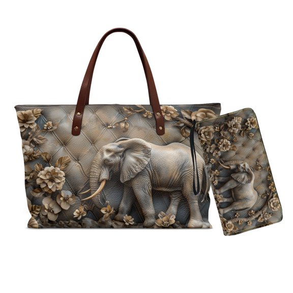 Tutolipy Elephant Flower Print 2PCS Handbag Purse Set for Women, Ladies, Large Capacity Tote Handbag with Zipper PU Leather Wristlet Purse Mini Shoulder Bags for Shopping, Brown