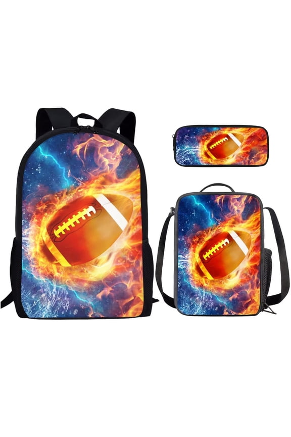 Fire Water Rugy Print Backpack Set, Large Capacity School Backpack Set with Lunch Box Pencil Case, 3 Pcs Bookbag Knapsack Lunch Bag Set for Teens, Boys, Orange
