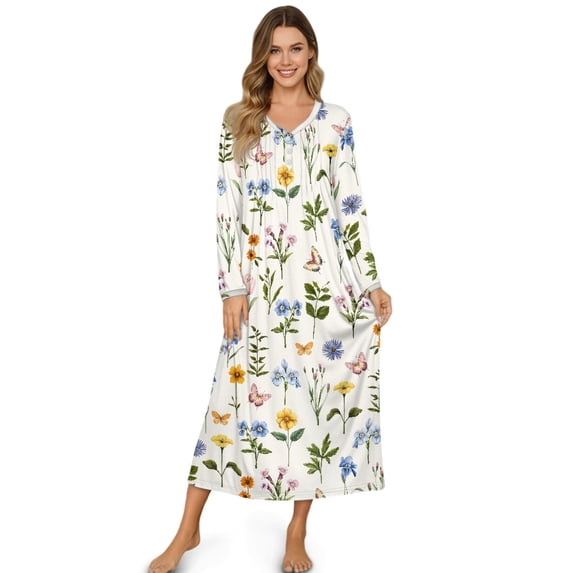 Tutolipy Floral Print Nightgowns for Women Long Sleeve Sleepwear Breathable Loungewear V Neck Sleepshirts for Home, 2XL