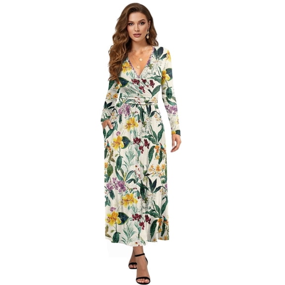 Tutolipy Floral Printed Womens Dresses Long Sleeve Midi Dress V Neck A Line Dress Wedding Guest Holiday Beach Long Dresses with Pockets, 3XL