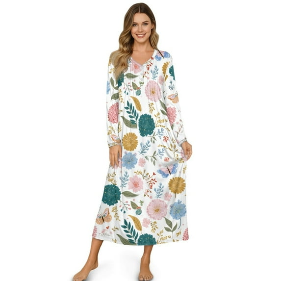 Tutolipy Flower Printed Nightgowns for Women V Neck Sleepwear Long Sleeve Loungewear Full Length House Dress for Home, S