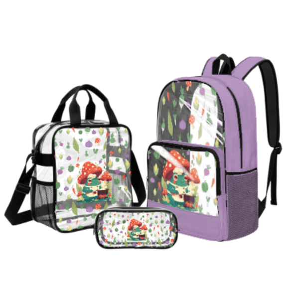 Tutolipy Frog Chef Cooking Clear Backpack Set, Heavy Duty Bookbag with Clear Lunch Box Pencil Bag, Side Pockets Adjustable Straps All-in-One Set for Stadium