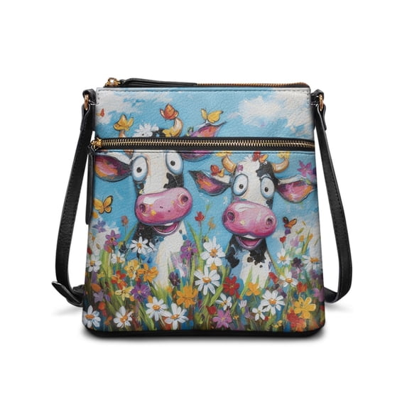 Tutolipy Funny Cows Floral Pattern Multiple Zipper Pockets Purse Satchel for Shopping Trips Outdoor, Stylish Durable Shoulder Bag Spacious Crossbody Bag