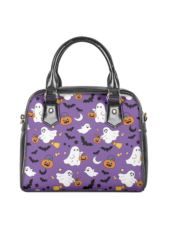 Ghost Pumpkin Print Purses and Handbags for Women, Bat Classy Satchel Handbag Leather Tote Purse Handle Bags Shoulder Bag, Zippered Hobo Bag for Shopping, Purple