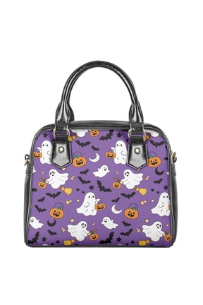Ghost Pumpkin Print Purses and Handbags for Women, Bat Classy Satchel Handbag Leather Tote Purse Handle Bags Shoulder Bag, Zippered Hobo Bag for Shopping, Purple