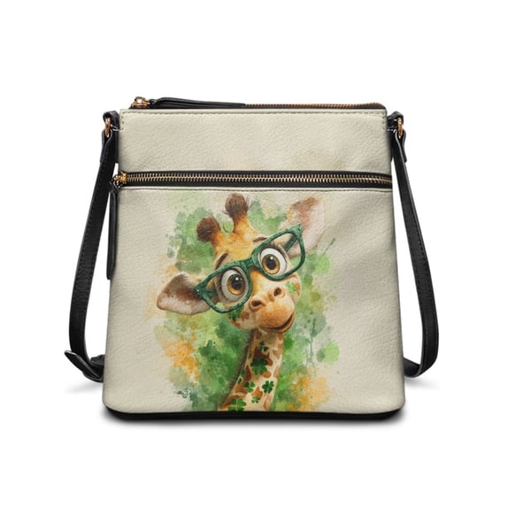 Tutolipy Giraffe Clover Glasses Ladies Crossbody Purse Sling Bag, Zipper Pockets Water-Resistant PU Leather Crossbody Purse Multiple Zipper Pockets for Travel