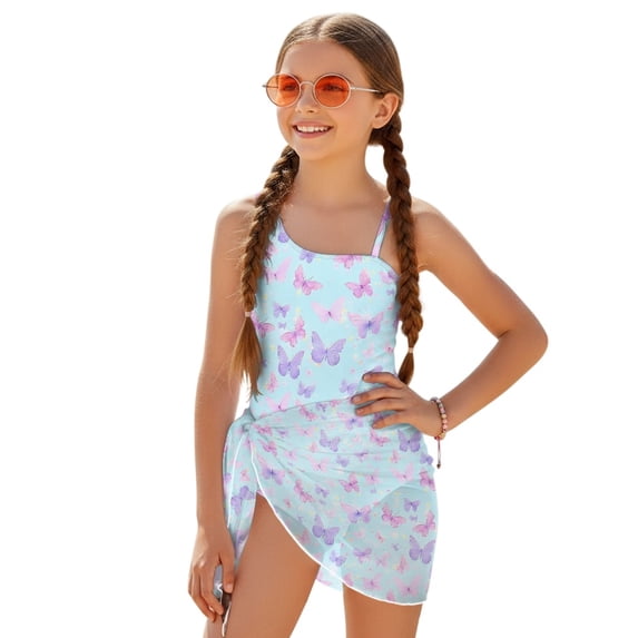Tutolipy Girls' One-Piece Swimsuit with Adjustable Shoulder Straps and Mesh Cover Up, Adjustable Strap Removable Bra Girls' Cover Up One Piece Swimsuit 9-10 Years Old