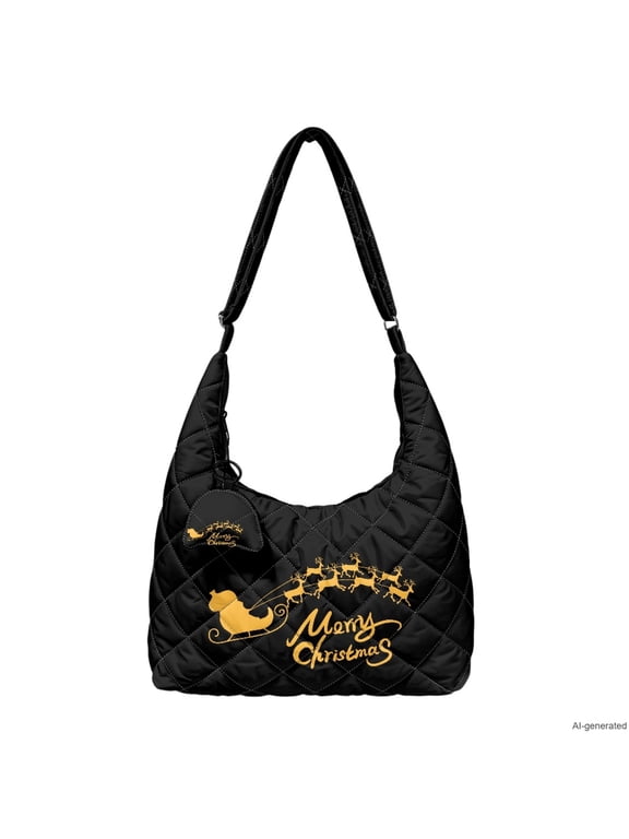 Golden Christmas Sleigh Deer Print Stitched Hobo Bag for Women Large Capacity Soft Padded Shoulder Handbag with Mini Pendant Casual Daily Use Xmas Gifts for Ladies