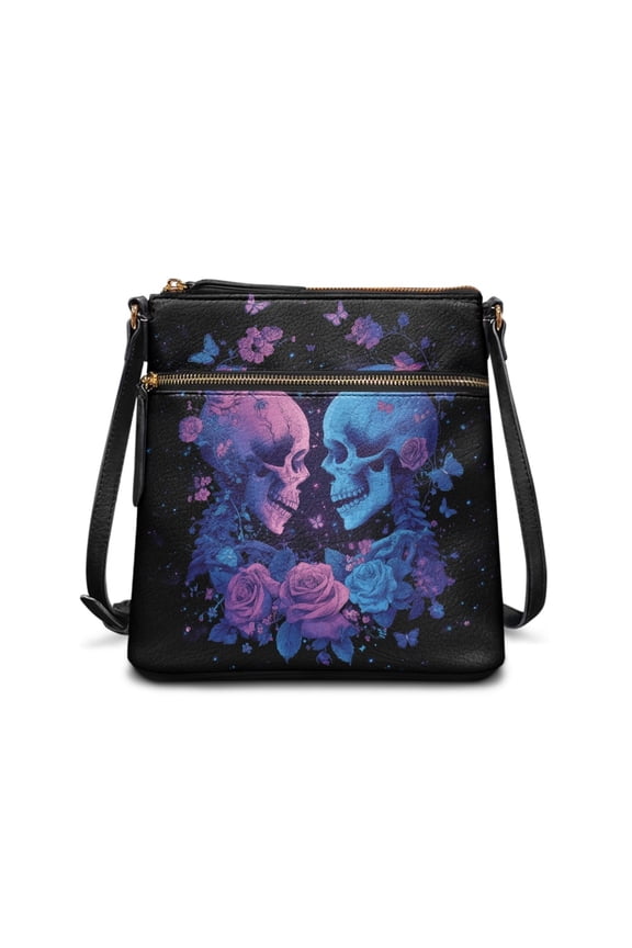Gothic Skull Couple Print Ladies Leather Crossbody Bag, Waterproof Shoulder Purse Lightweight Fashion Purse Satchel for Shopping Work