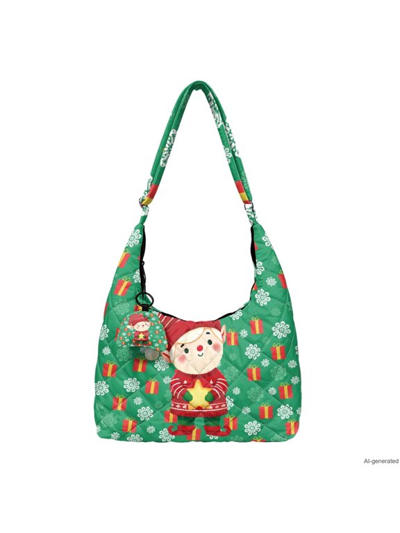 Green Christmas Elf Printed Padded Hobo Bag for Women, Large Capacity Crossbody Purse with Matching Pendant Adjustable Strap for Winter Travel Holiday Shopping Daily Use