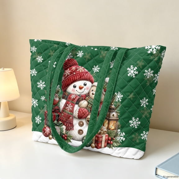 Tutolipy Green Christmas Snowman Print Quilted Tote Bag for Women Large Capacity Zipper Closure Multi Pocket Shoulder Handbag for Festival Holiday Shopping Travel