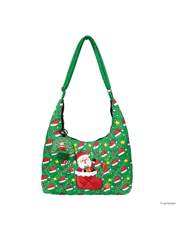 Green Santa Print Quilted Hobo Purse Adjustable Strap Crossbody Bag with Matching Mini Pendant Large Capacity Shoulder Handbag for Christmas Travel Daily Use Ideal Gifts