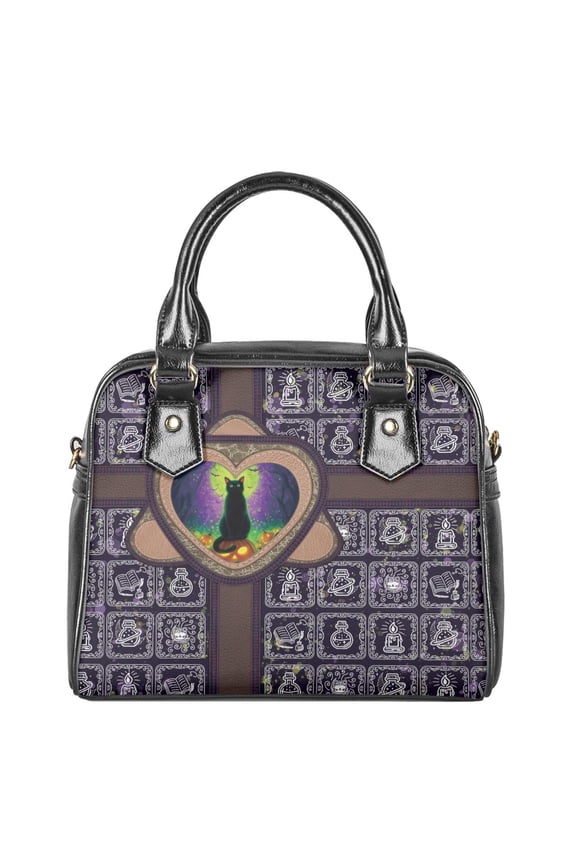 Halloween Black Cat Print Satchel Purses and Handbags for Women, Pumpkin Print Portable Satchel Hobo Bag, Leather Shoulder Crossbody Top Handle Purse with Zipper for Party, Dark Purple