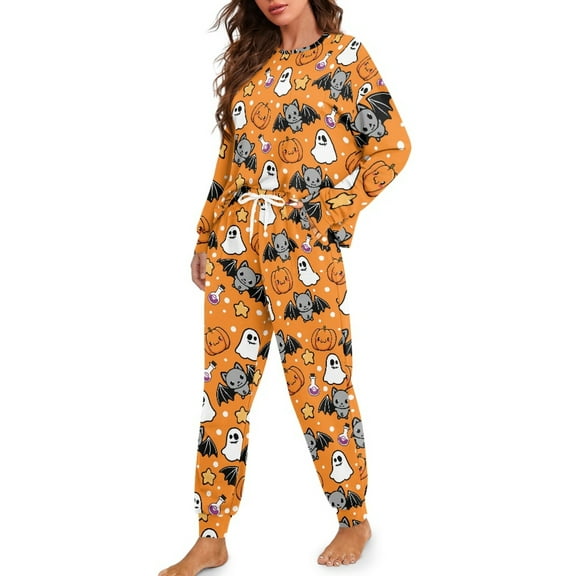 Tutolipy Halloween Pjs Sets for Women Ghost Bat Pumpkin Printed Sleepwear Cozy Loungewear Long Sleeve Shirt and Pajama Pants Lounge Sets, 2XL