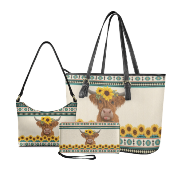 Tutolipy Highland Cattle 3 Piece Tote Purse for Women, Reinforced Stitching Durable Shoulder Bag, Clutch for Travel Shopping