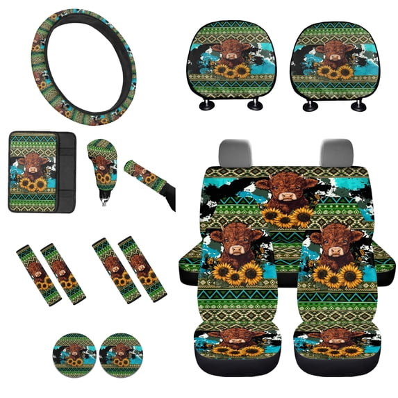 Tutolipy Highland Cow Print 15 Pack Car Seat Cover Sets, Sunflower Aztec Print Front Rear Split Bench Seat Covers for Cars, Steering Wheel Cover Seatbelt Pad Car Center Console Cover, Universal Fits