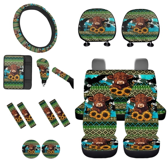 Tutolipy Highland Cow Print 15 Pack Car Seat Cover Sets, Sunflower Aztec Print Front Rear Split Bench Seat Covers for Cars, Steering Wheel Cover Seatbelt Pad Car Center Console Cover, Universal Fits
