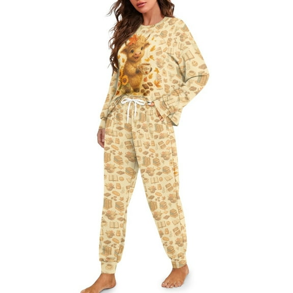 Tutolipy Highland Cow Printed Pajama Pants Set Sunflower Printed Sleepwear Crewneck Pjs Long Sleeve Shirt and Pajama Pants Lounge Sets, XL