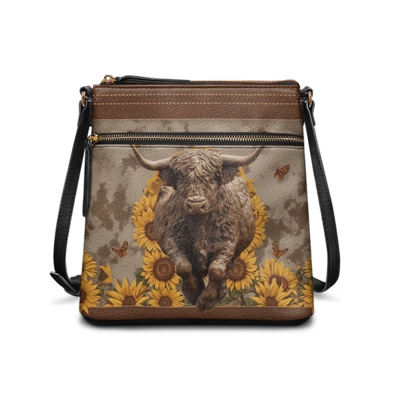 Tutolipy Highland Cow Sunflower Print Adjustable Strap Shoulder Bag for Travel Waterproof Practical Design Satchel Bag Water-Resistant Ladies’ Leather Shoulder Bag
