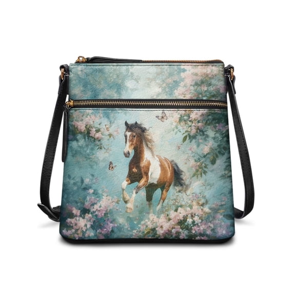 Tutolipy Horse Floral Art Pattern Handbag Crossbody Bag, Exquisite UV Craft Waterproof Material Satchel Bag Lightweight for Travel Outings