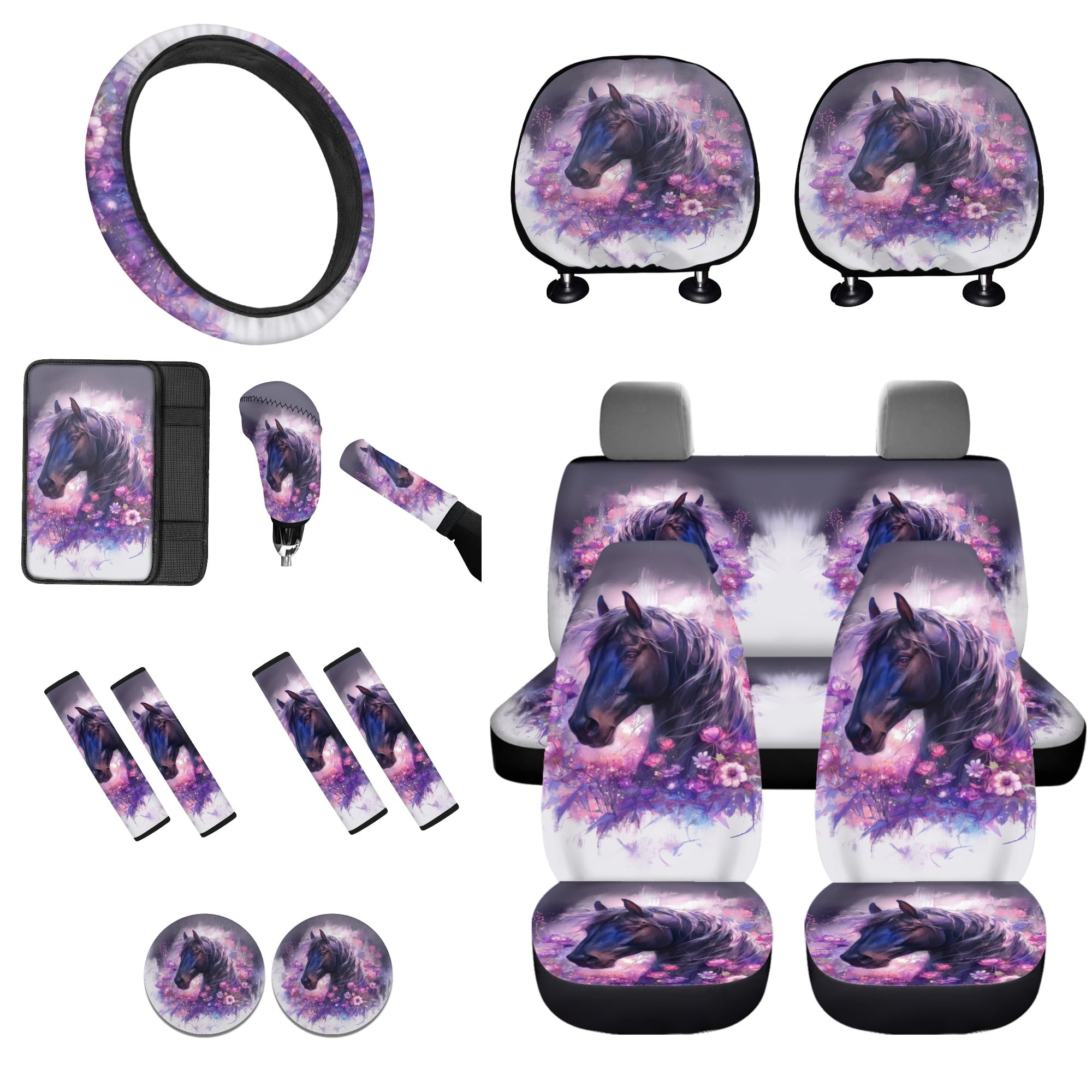 Tutolipy Horse Flower Print 15 Pack Car Seat Cover Sets, Front and Rear Split Bench Seat Covers for Cars, Steering Wheel Cover Seatbelt Pad Car Center Console Cover
