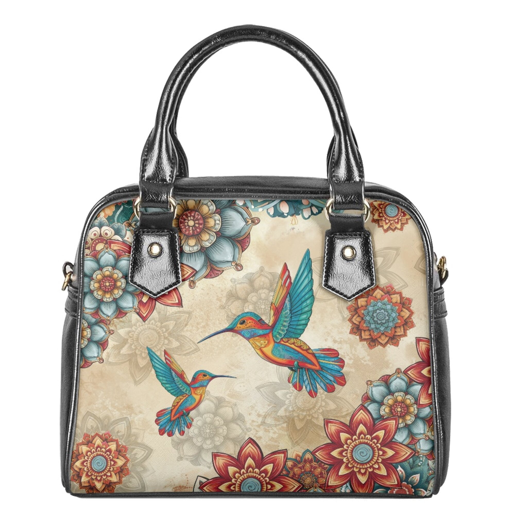 Tutolipy Hummingbird Boho Mandala Printed Satchel Handbag Women's Tote Purse Large Capacity Top Handle Purse Crossbody Shoulder Bags Messenger Bag for Shopping, Beige and Orange