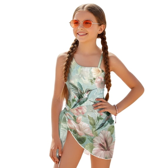 Tutolipy Hummingbird Floral Pattern Girls Swimsuits One-Piece Bathing Suit with Cover Ups, Adjustable Strap Cute Girls One Piece Bathing Suit for Summer 11-12 Years Old
