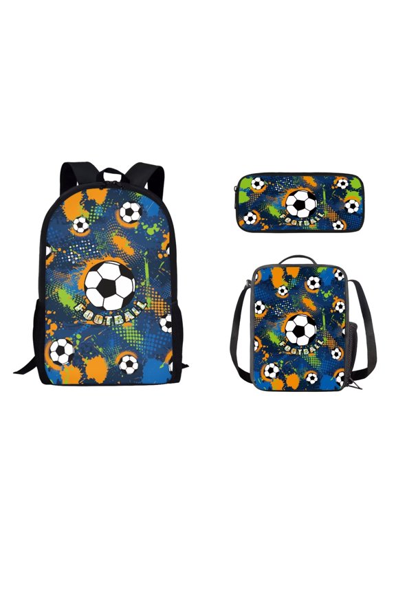 Ink Splash Backpack and Lunch Box Pencilcase 3 in 1, Preschool Soccer Football Print School Backpack Set with Lunchbag Pencilcase, 17 Inch Kid's Backpack Set, Blue