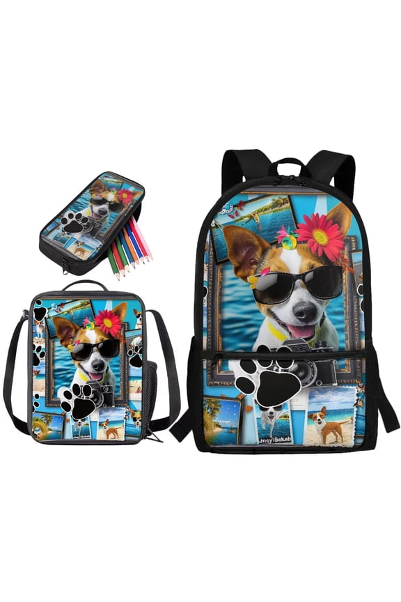 Jack Russell Terrier Printed 3 Pcs Backpack Set for Boys Girls, Lightweight School Backpack with Lunch Box Set, Preschool Elementary School Students Bookbag Set with Pencil Pouch