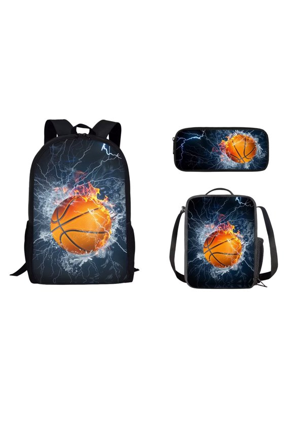 Kid's Backpack Set with Lunch Box, Lightweight Student's Knapsack Large Capacity School Bag Lunchbag with Pencil Box for Kids, Middle School Students (Water Fire Lightning Basketball)