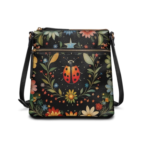Tutolipy Ladybug Floral Pattern Sling Bag, Lightweight Ladies Single Shoulder Bag PU Leather Durable Shoulder Purse for Travel Dating