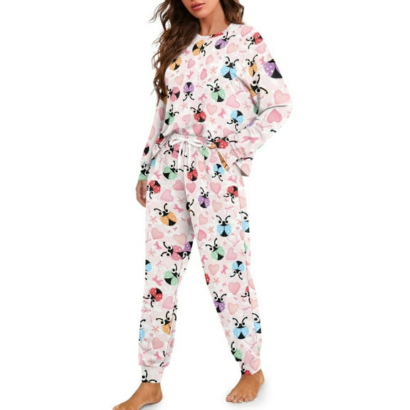 Tutolipy Ladybug Heart Printed Pajama Set for Women Soft Sleepwear Crewneck Loungewear Long Sleeve Shirt and Pajama Pants Pjs Sets, M