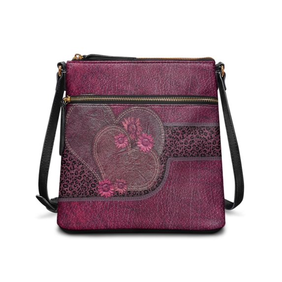 Tutolipy Leopard Heart Floral Satchel Bag Purse Satchel, Lightweight Waterproof Sling Bag Multiple Zipper Pockets for Travel Short Trips