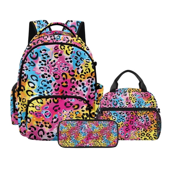 Tutolipy Leopard Print School Backpack Set 3 Pcs Backpack and Lunch Bag Set with Pencil Lightweight School Bag Bookbag Set with Insulated Lunch Box for Preschool Elementary, Pink