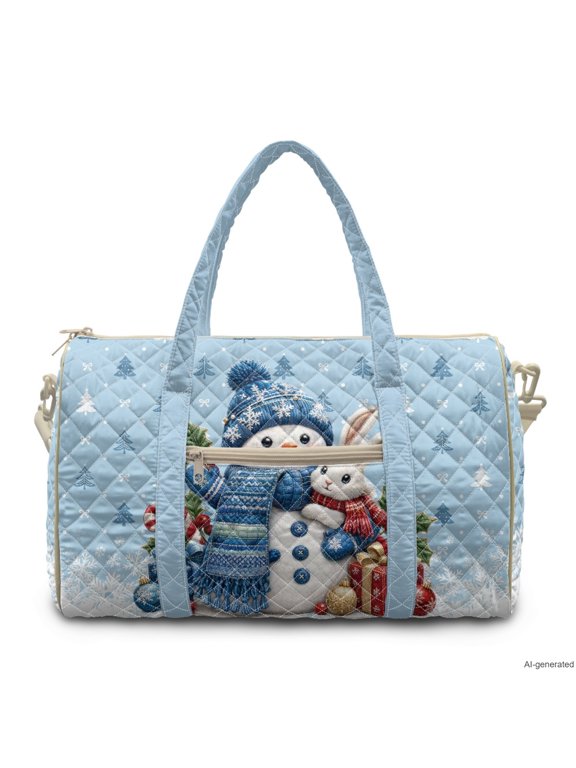 Light Blue Snowman Rabbit Print Quilted Weekender Bag for Women Large Capacity Padded Travel Duffel with Adjustable Strap Portable Carry On Bag for Overnight Gym Holiday