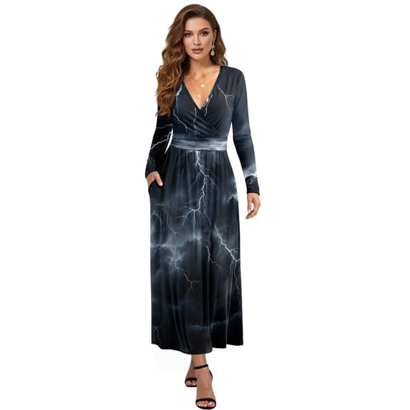 Tutolipy Lightning Printed Dresses for Women Long Sleeve Midi Dress V Neck A Line Dresses Wedding Guest Holiday Beach Long Dress, L