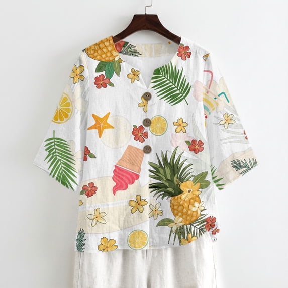 Tutolipy Linen-Look Women's Linen Look Shirt, Tropical Fruit Print Linen-Style Linen-Like Women's Three Quarter Sleeve Top for Vacation Office Spring, Size Large