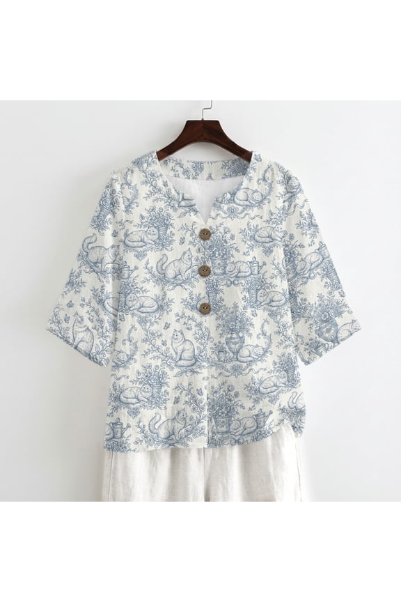 Linen-Style Women’s Shirts for Vacation Spring, Blue Cat Toile Print Non Stretchy Linen-Like Imitation Linen Blouse Linen-Look, Size 4X-Large